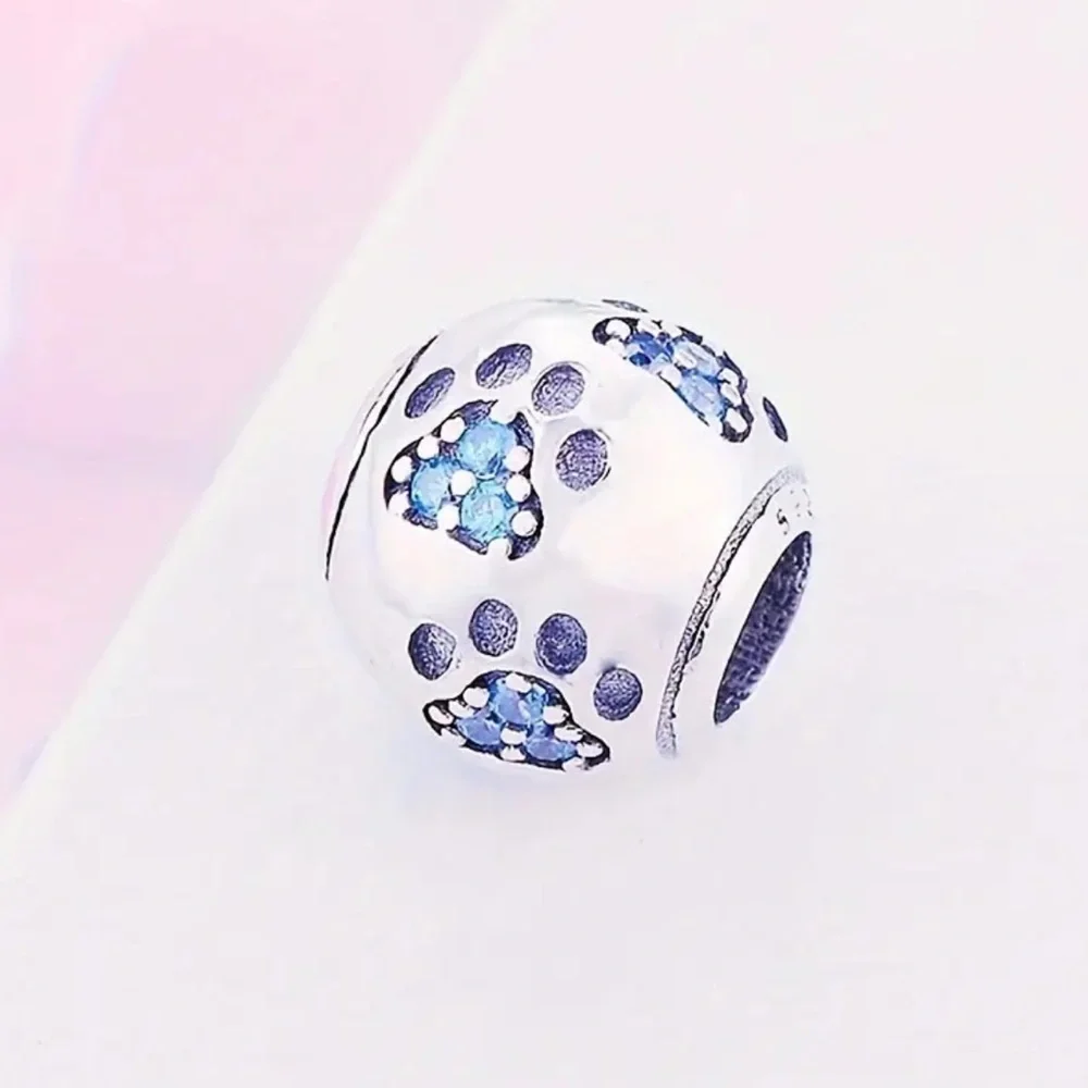 S925 Sterling Silver PAW PRINT Charm/Pendant with Blue Zirconia Accents - NWT